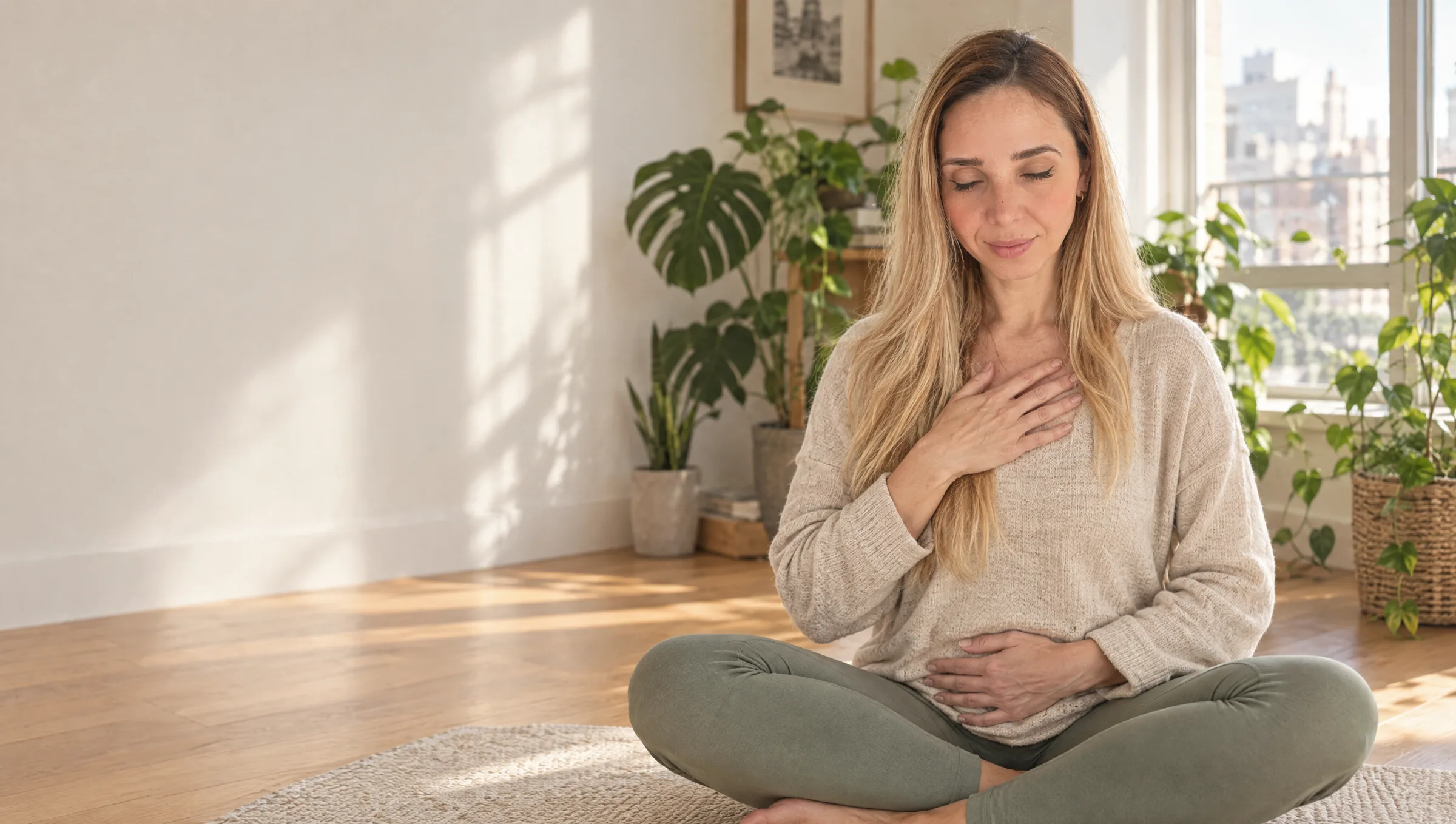 Erika sentada en el piso de un living luminoso con plantas, con una mano en el pecho y otra en el vientre, respirando con los ojos cerrados