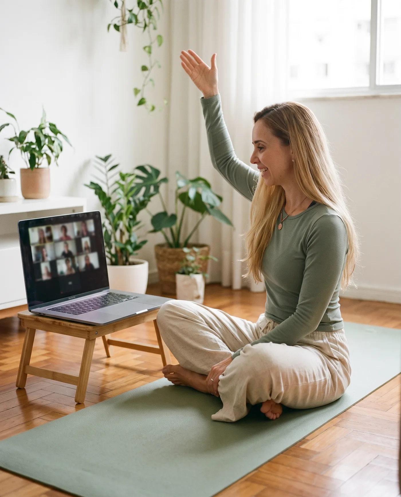 Clases de yoga online en grupo: Erika guía a las alumnas frente a la computadora
