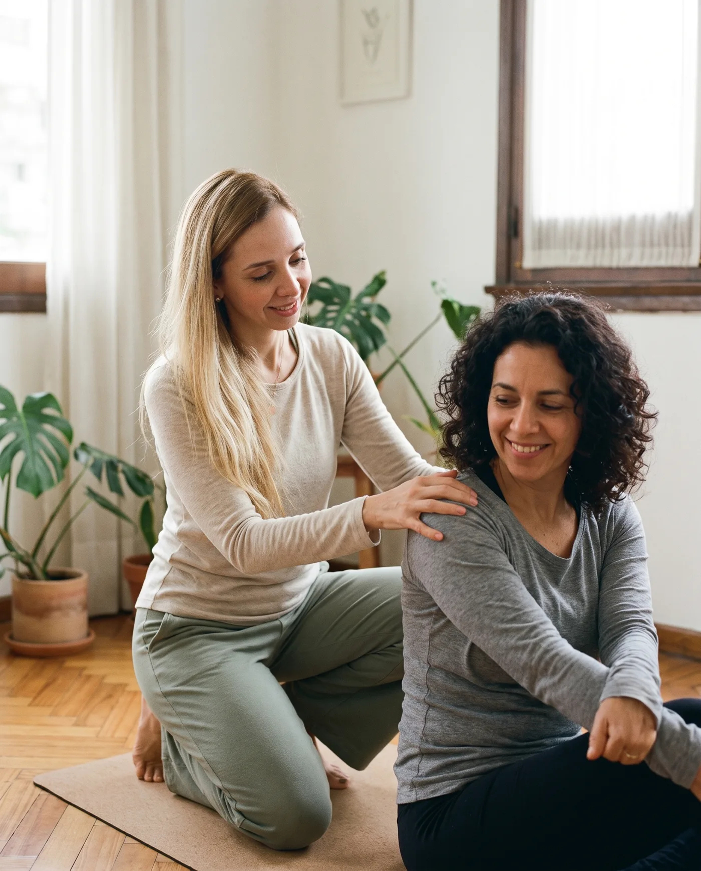 Clase de yoga personalizada en Buenos Aires: Erika acompaña a una alumna con la mano en su hombro