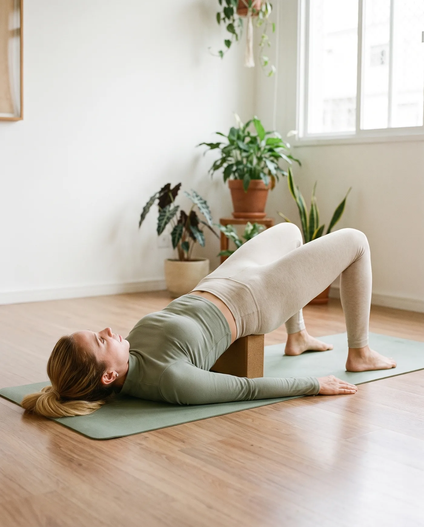 Clase de pilates suave: Erika hace un puente con apoyo en un bloque sobre el mat